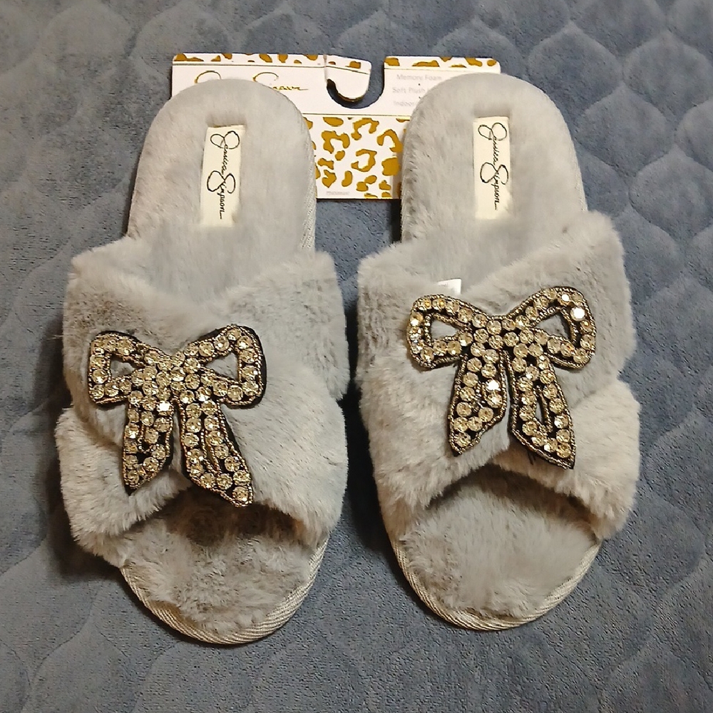Gray Furry Slippers with Rhinestone Bow Size L 8-9